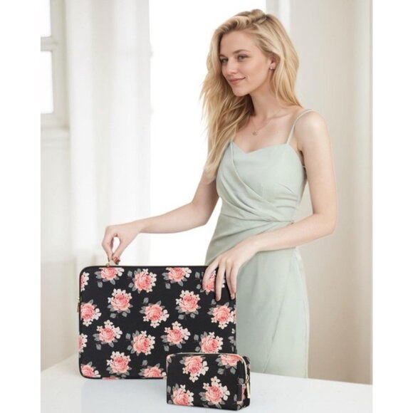 17.3" Laptop Sleeve Case Computer Bag With Small Matching Black Floral Case NEW - Picture 6 of 9